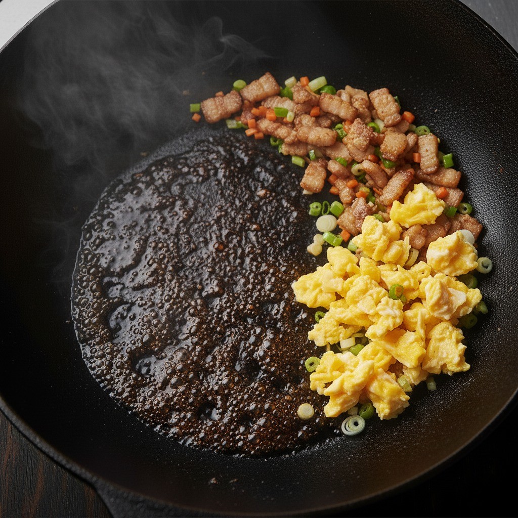 팬의 뜨거운 빈 공간에 간장을 부어 태우듯이 끓이는 모습