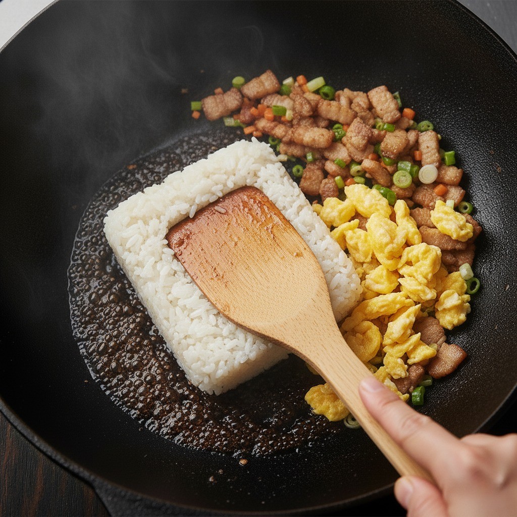 불을 끈 팬에 찬밥을 넣고 주걱으로 밥알을 풀어주는 모습