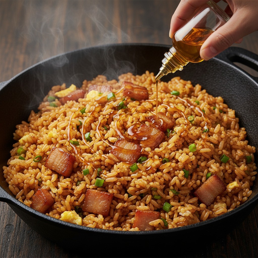 완성된 볶음밥에 참기름과 후추를 뿌려 마무리하는 모습