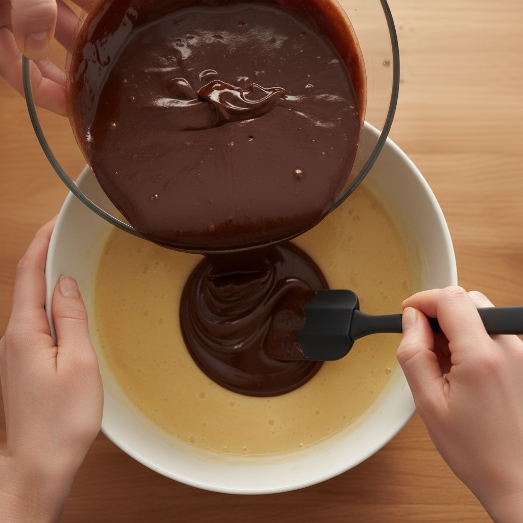 초콜릿 혼합물과 달걀 혼합물을 섞는 모습 이미지