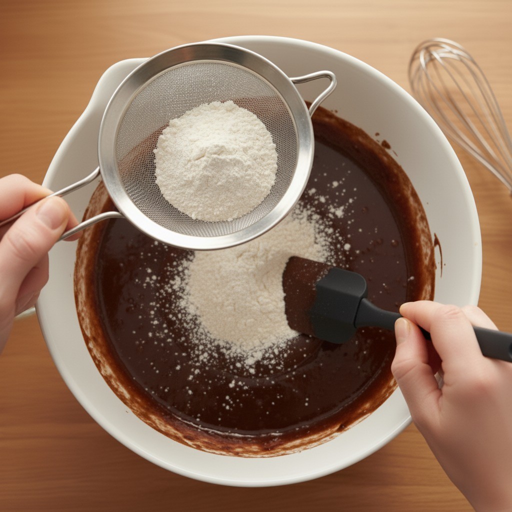 브라우니 반죽에 가루류를 섞는 모습 이미지