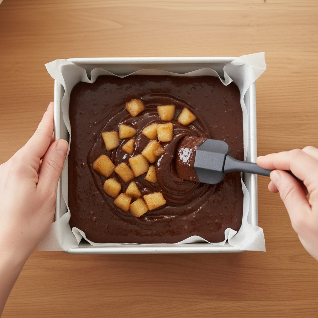 완성된 브라우니 반죽에 사과 조림을 섞는 모습 이미지