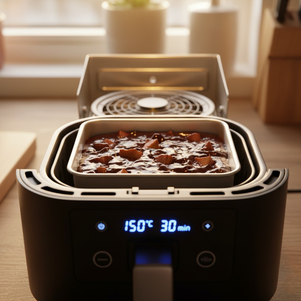 브라우니 반죽을 에어프라이어에 넣고 굽는 모습 이미지