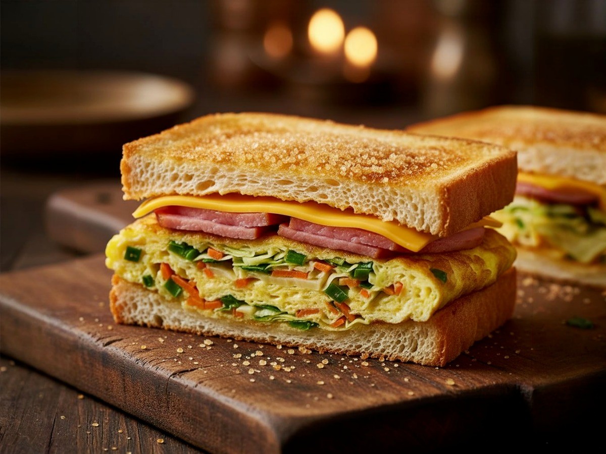 백종원 레시피로 만든 길거리 토스트의 단면이 보이는 완성 사진