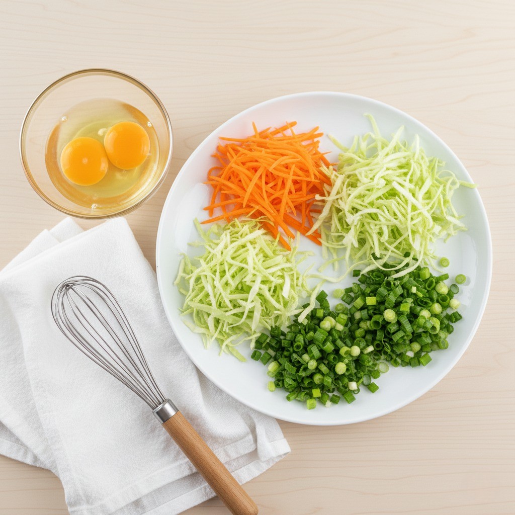 얇게 썬 양배추, 당근, 대파와 달걀을 섞은 모습