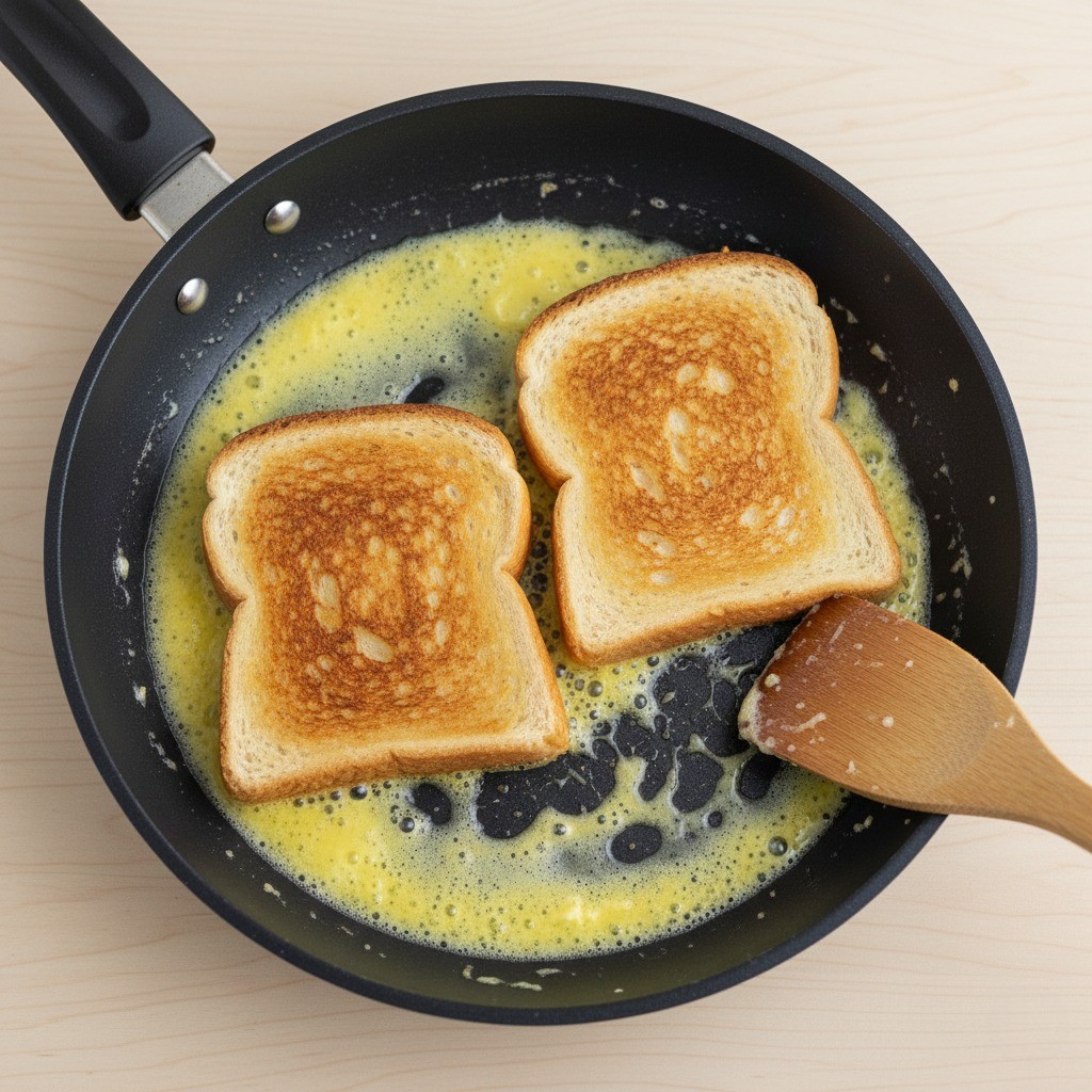 프라이팬에 마가린을 녹여 식빵을 굽는 모습