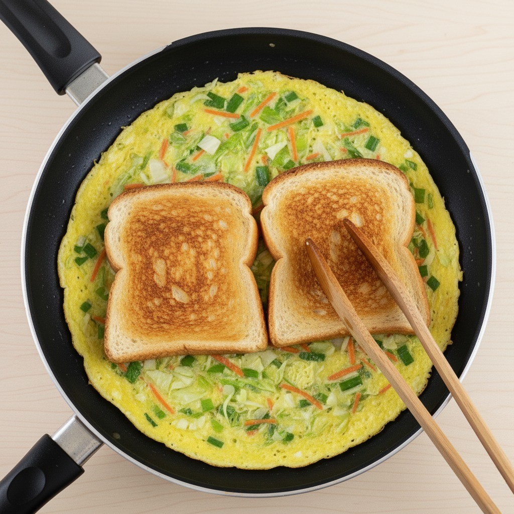 넓게 부친 달걀 부침 위에 식빵 두 장을 올리는 모습