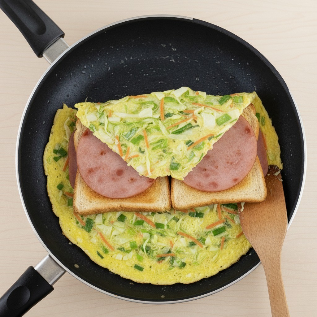 달걀의 남은 부분을 식빵 위에 접어 네모 모양을 만드는 모습