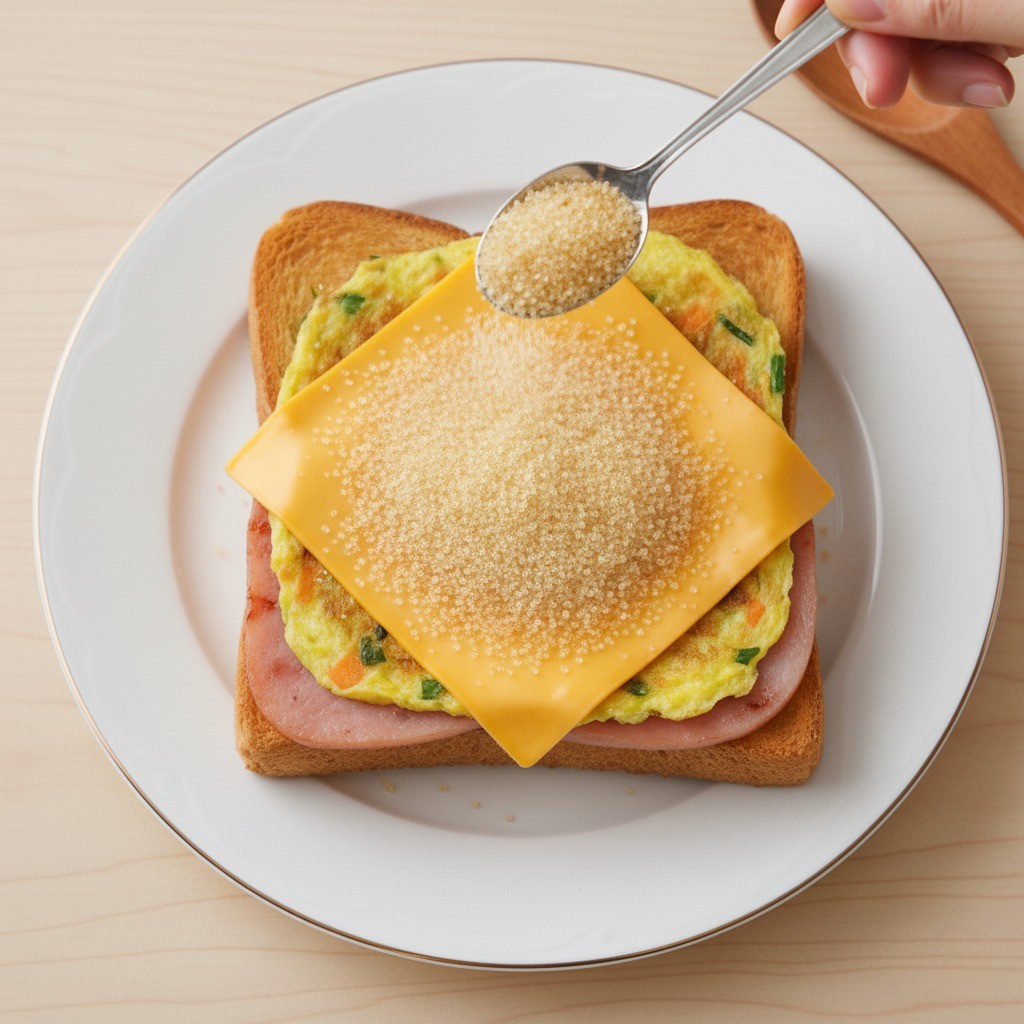 완성된 길거리 토스트에 설탕을 뿌리고 단면을 보여주는 모습