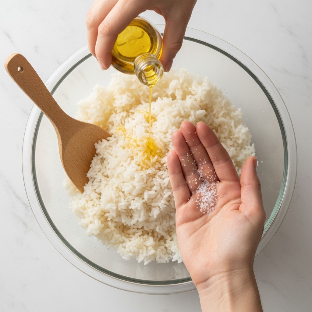 밥에 맛소금과 참기름을 넣어 밑간하는 모습