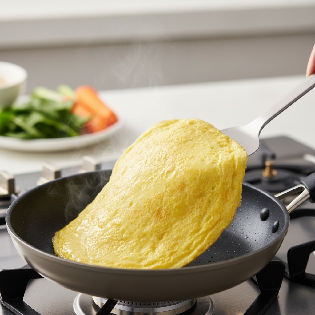 팬에 도톰하게 달걀 지단을 부치는 모습