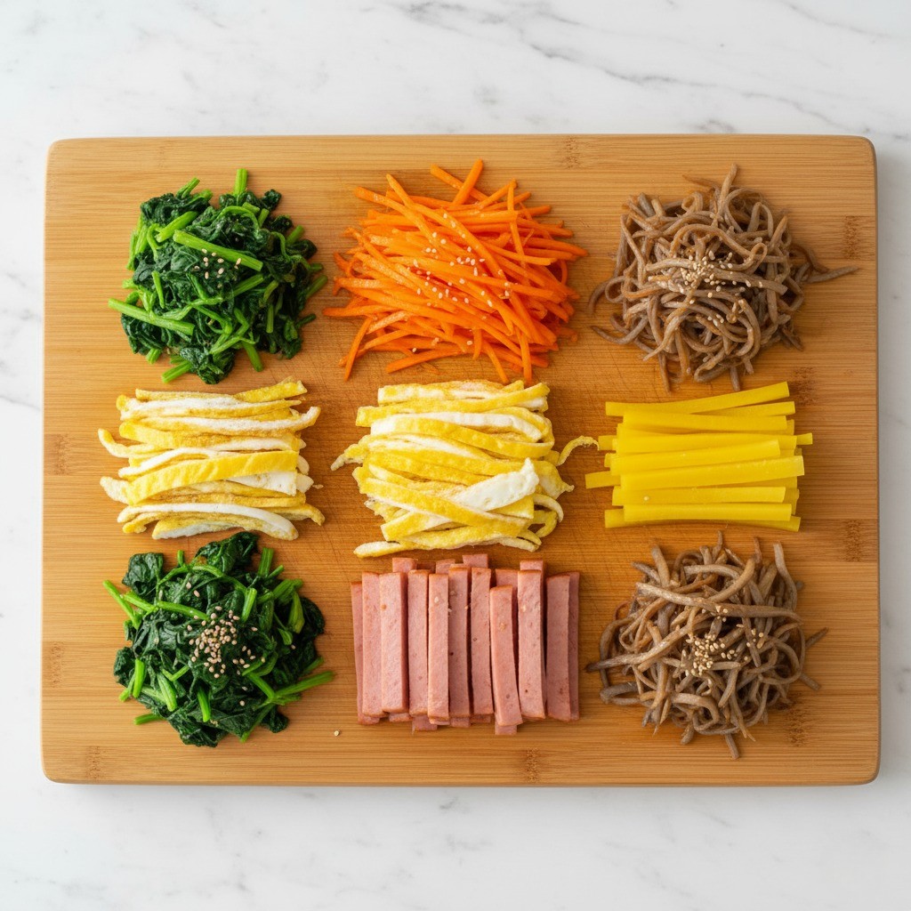 시금치, 당근, 햄 등 김밥 재료를 손질하는 모습