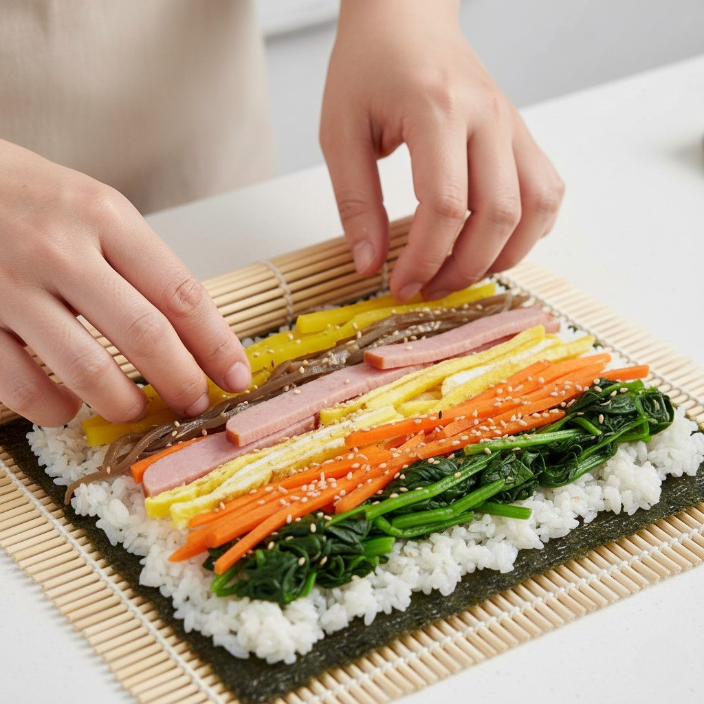 김밥 김 위에 밥과 재료들을 올리는 모습