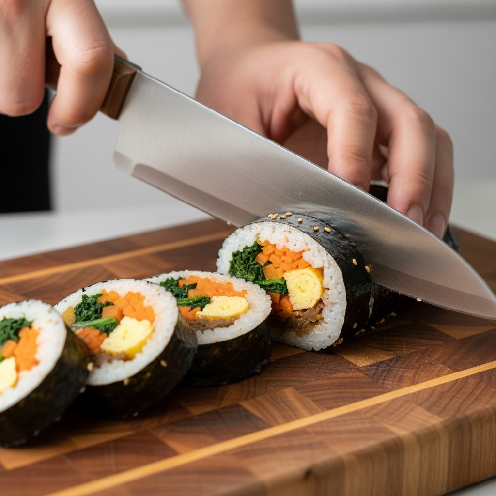 참기름을 발라 완성된 김밥을 써는 모습