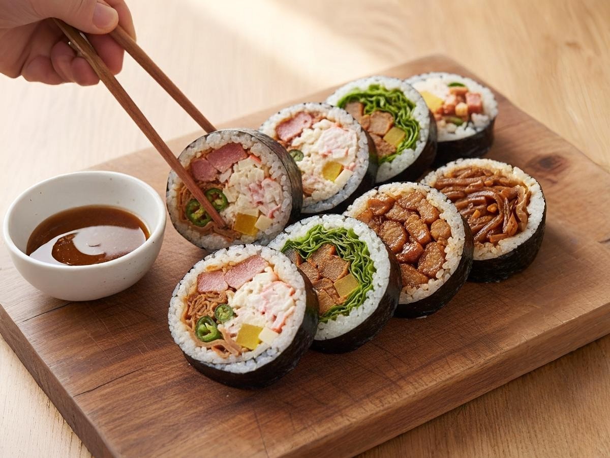 백종원의 4가지 스페셜 김밥(베이컨땡초, 게맛살마요, 돼지불고기, 무말랭이)이 먹음직스럽게 담겨있는 모습