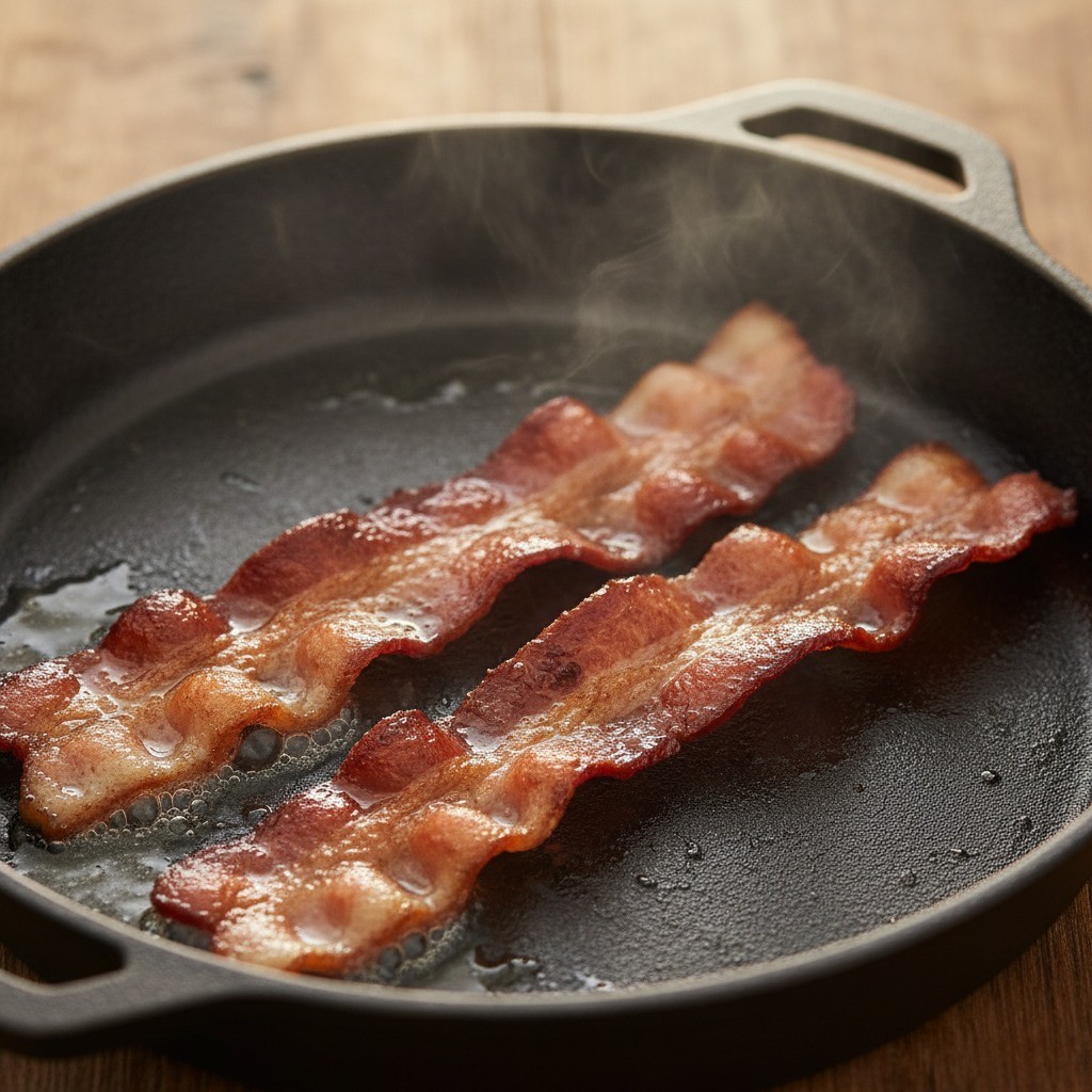 팬에서 베이컨이 노릇하게 구워지는 모습