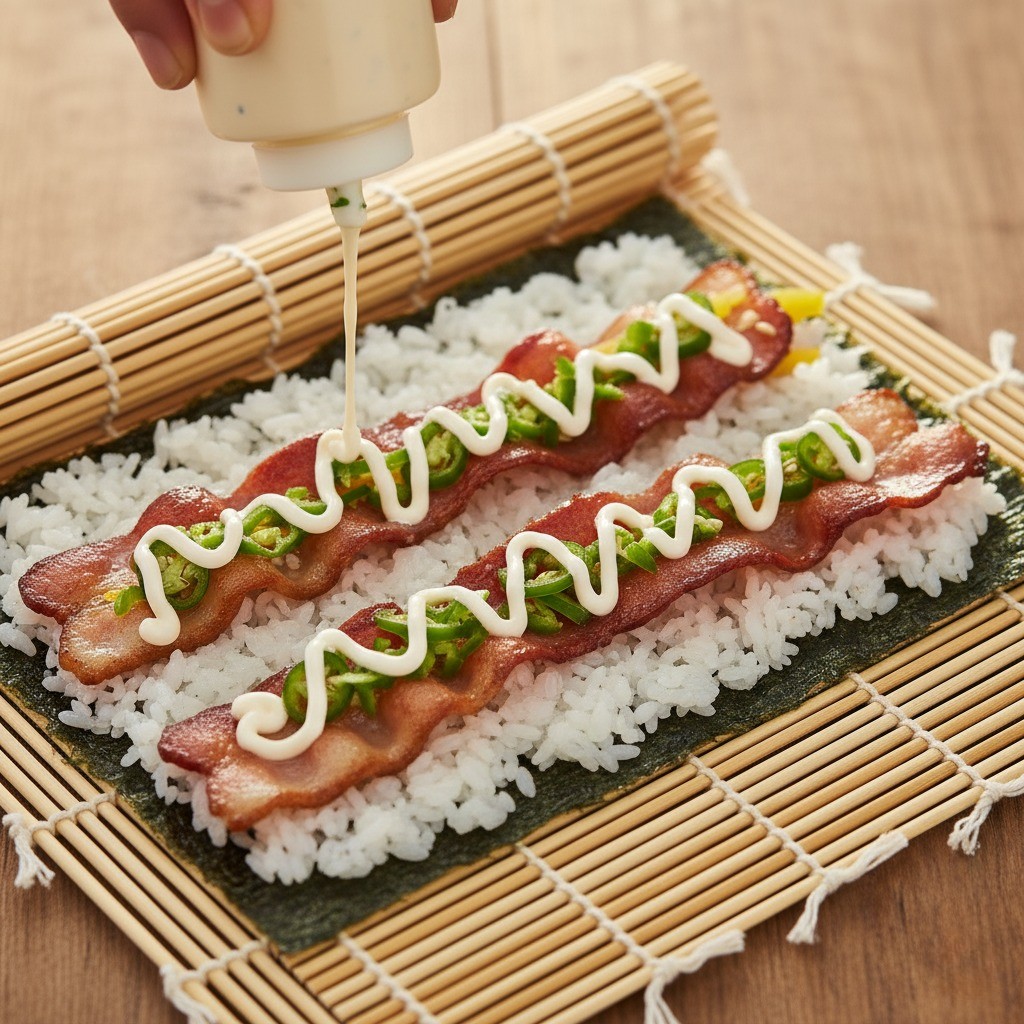 김밥 위에 베이컨과 땡초 마요 소스를 올리는 모습