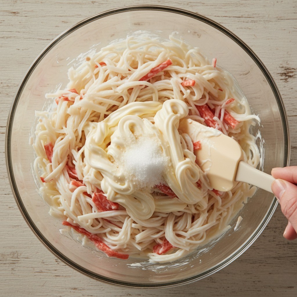 볼에 담긴 찢은 게맛살을 마요네즈와 버무리는 모습