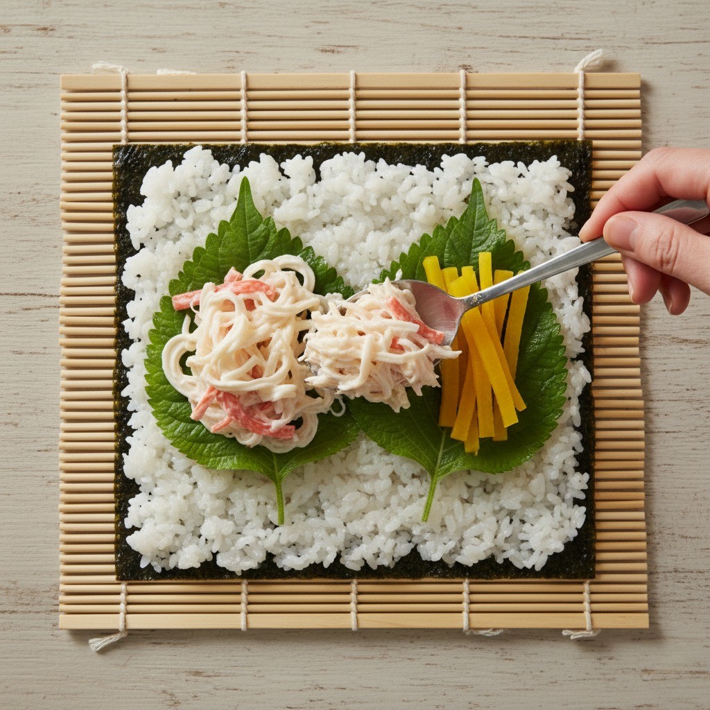 깻잎 위에 게맛살 마요와 단무지를 올려 김밥을 마는 모습