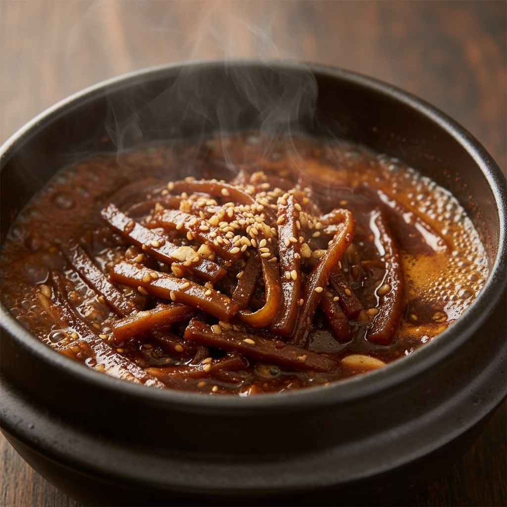 냄비에서 무말랭이가 간장 양념과 함께 끓고 있는 모습