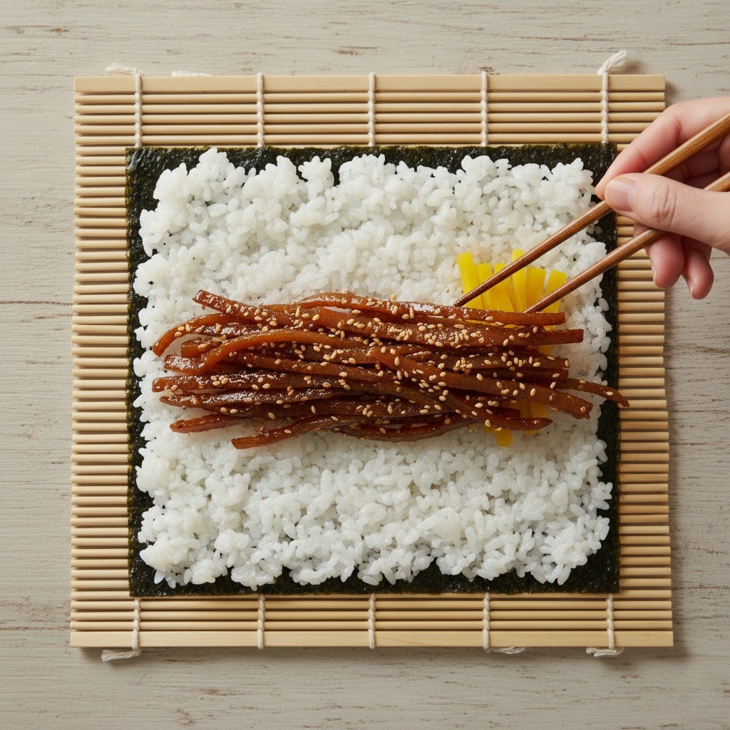 완성된 무말랭이 조림을 밥 위에 올려 김밥을 마는 모습