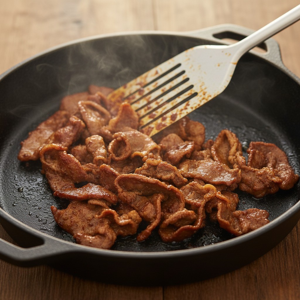 팬에서 돼지불고기가 국물 없이 바싹 볶아지는 모습