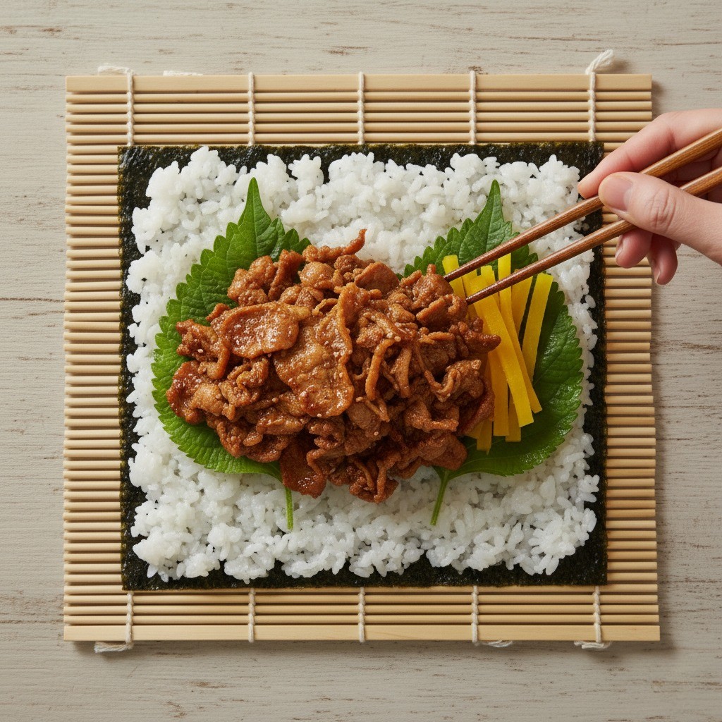 상추 위에 돼지불고기를 올려 김밥을 마는 모습