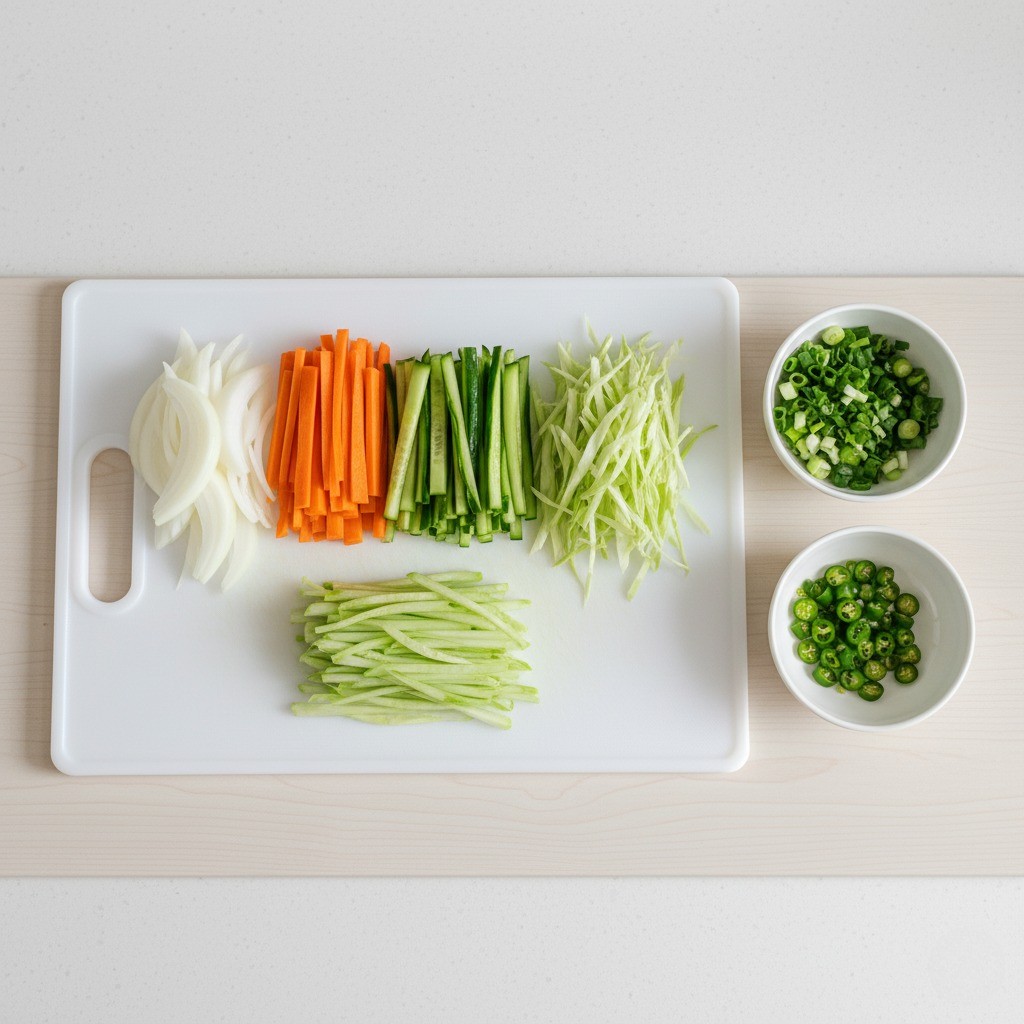 오이, 양파, 당근, 대파를 채 써는 과정