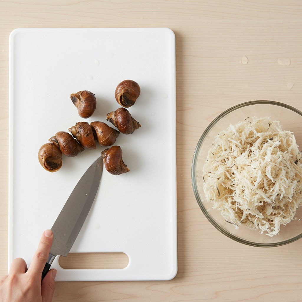 골뱅이를 자르고 북어채를 준비하는 과정