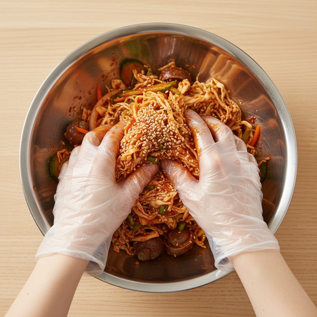 양념장에 북어채를 넣고 먼저 무치는 과정