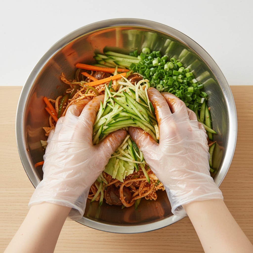 볼에 모든 재료(골뱅이, 채소, 양념된 북어채)를 넣은 모습