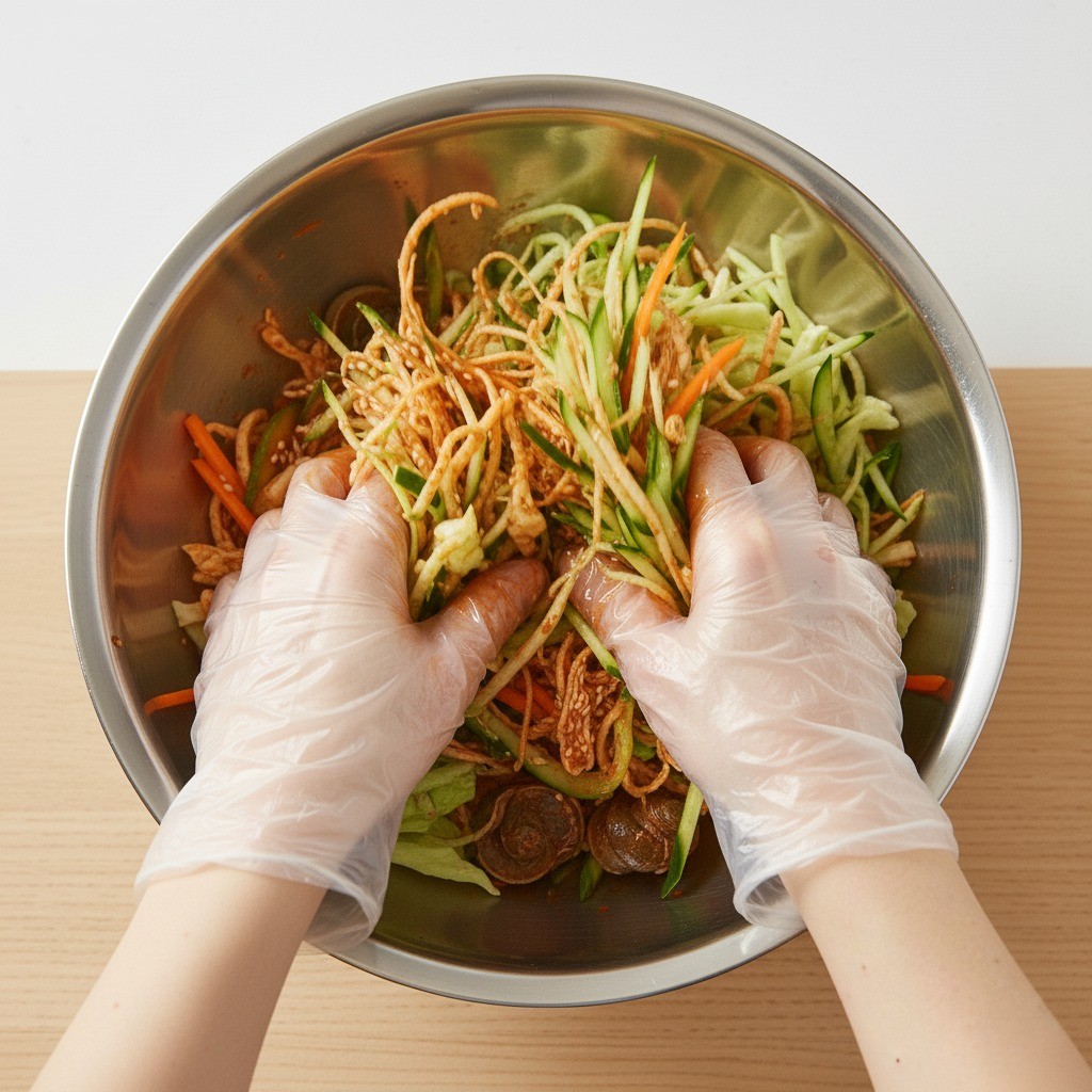 골뱅이와 채소를 양념에 살살 버무리는 과정