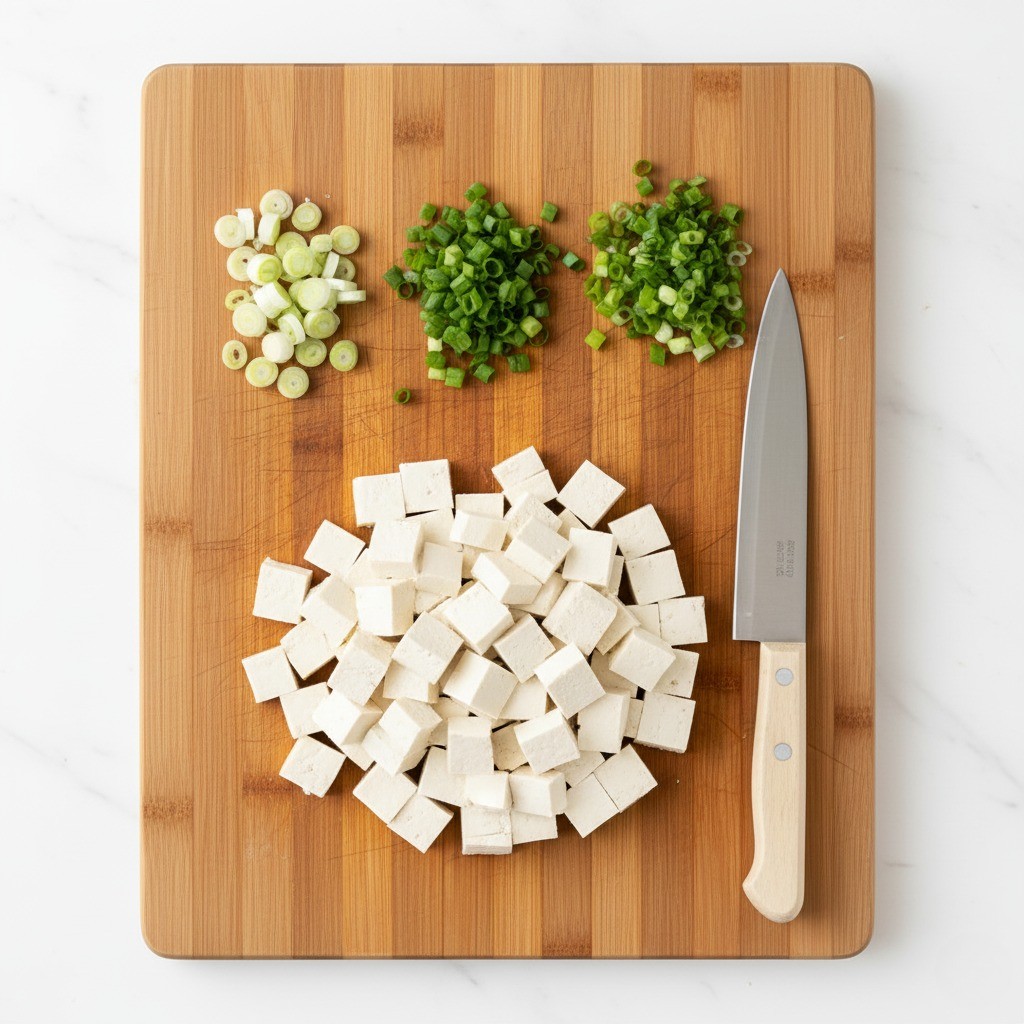 두부와 대파, 쪽파를 써는 모습