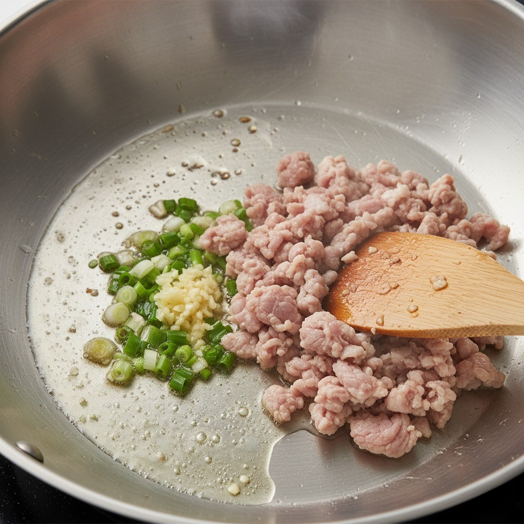 파기름에 다진 돼지고기를 볶는 모습