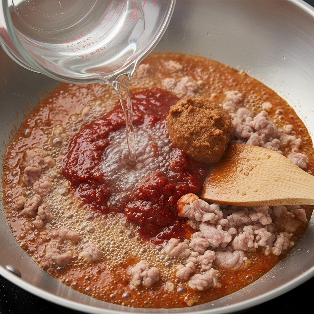 볶은 고기에 물과 만능 양념장, 된장을 넣는 모습