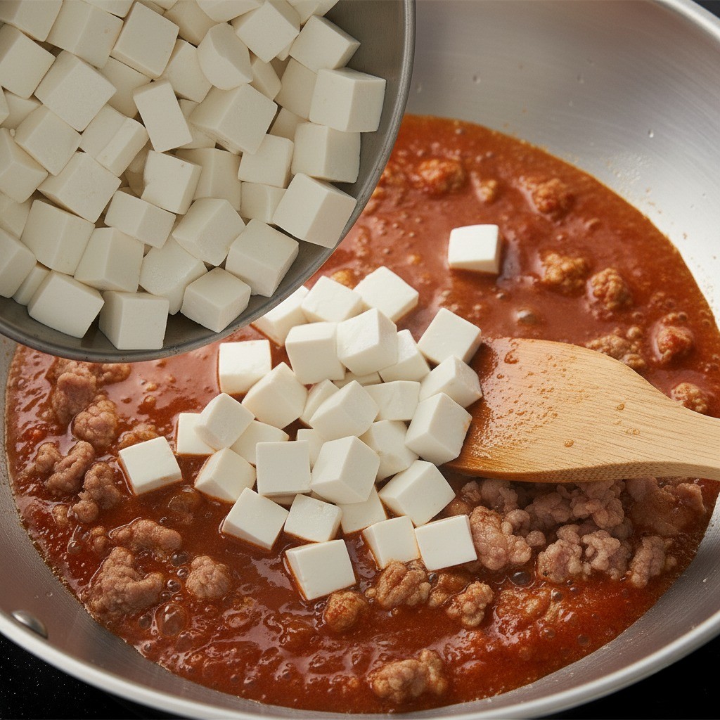 소스에 두부를 넣고 끓이는 모습