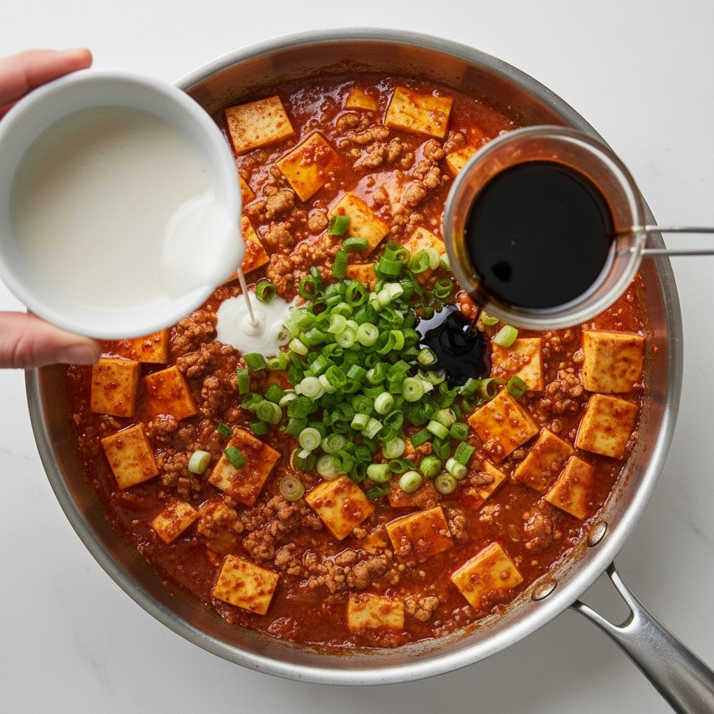 전분물과 참기름을 넣고 완성된 마파두부