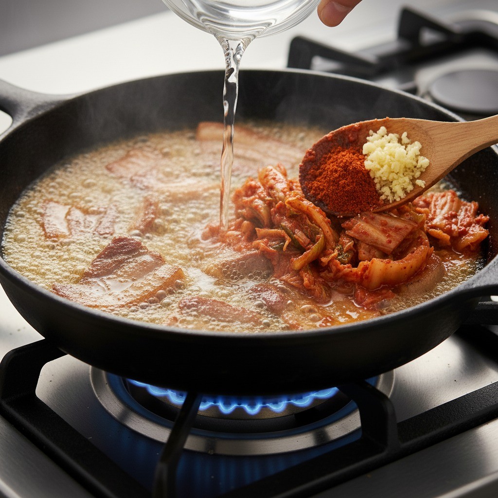 팬에 김치, 고춧가루, 간마늘 넣기