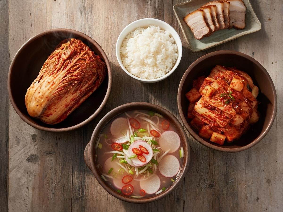 완성된 먹음직스러운 배추김치 3종 (배추김치, 물김치, 맛김치)