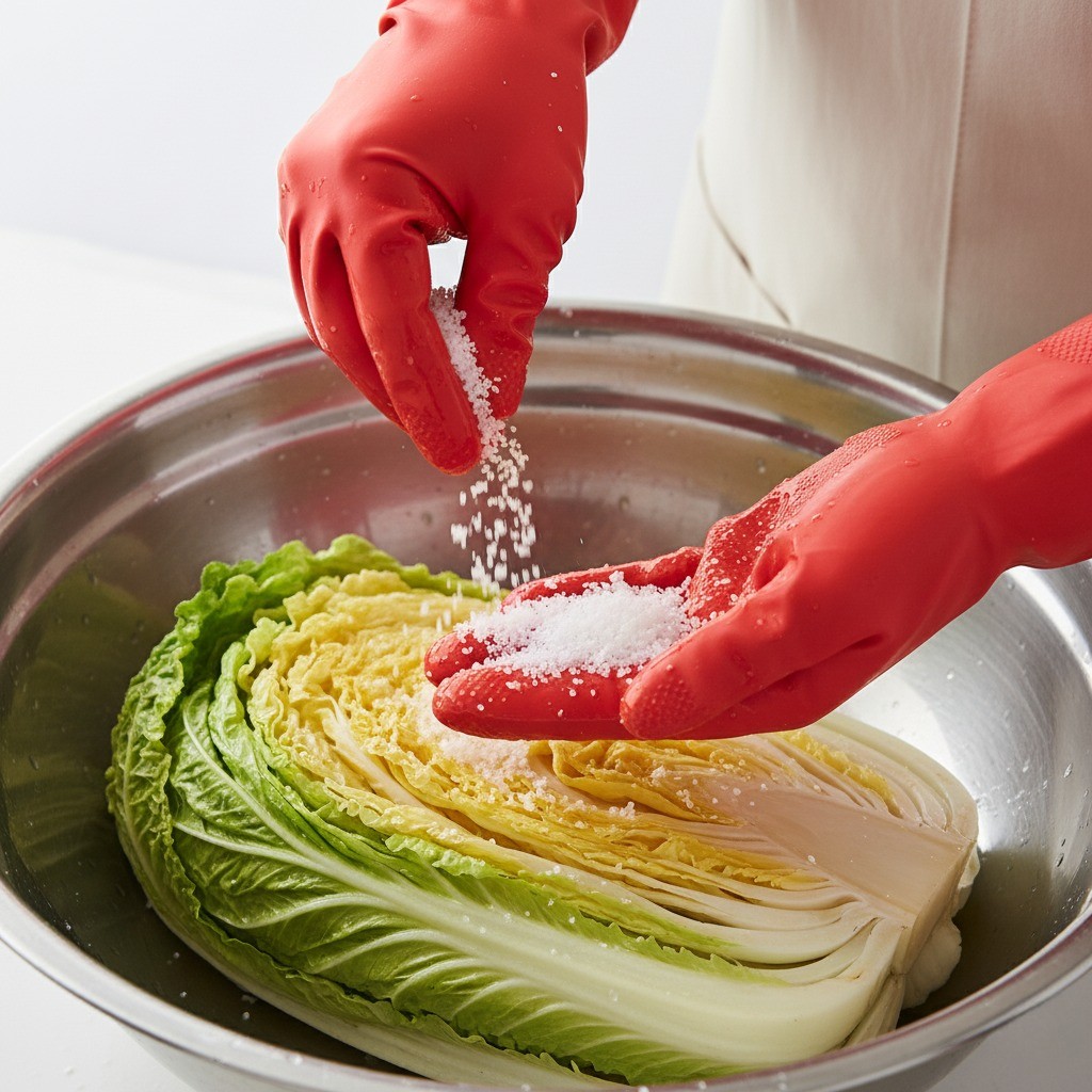 배추를 소금물에 적시고 줄기 사이에 소금을 뿌리는 모습