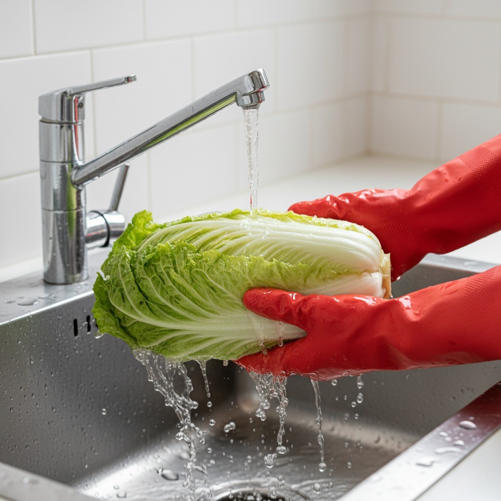 잘 절여진 배추를 깨끗한 물에 헹구는 모습