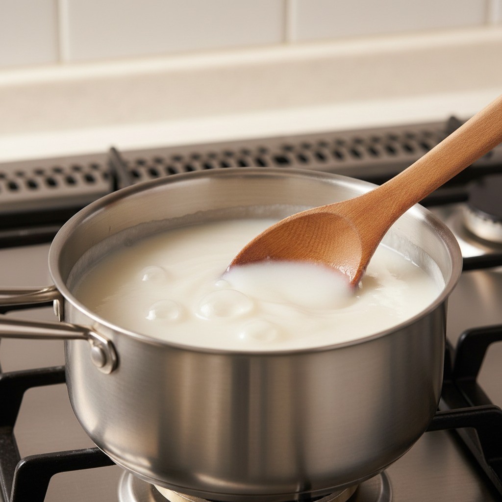 냄비에서 찹쌀풀을 쑤고 있는 모습