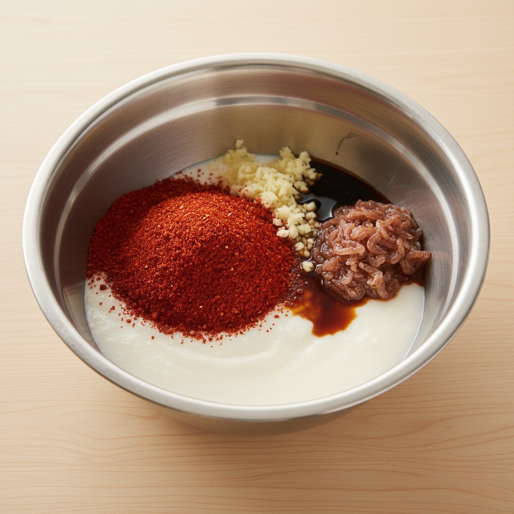 볼에 찹쌀풀, 고춧가루, 액젓, 마늘 등을 섞는 모습