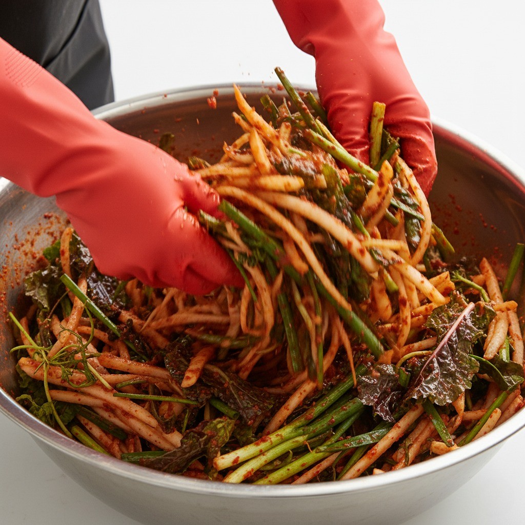 김치 양념에 무채와 쪽파, 갓을 넣고 버무리는 모습