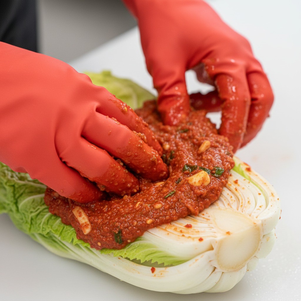 절임 배추 잎 사이사이에 김칫소를 바르는 모습