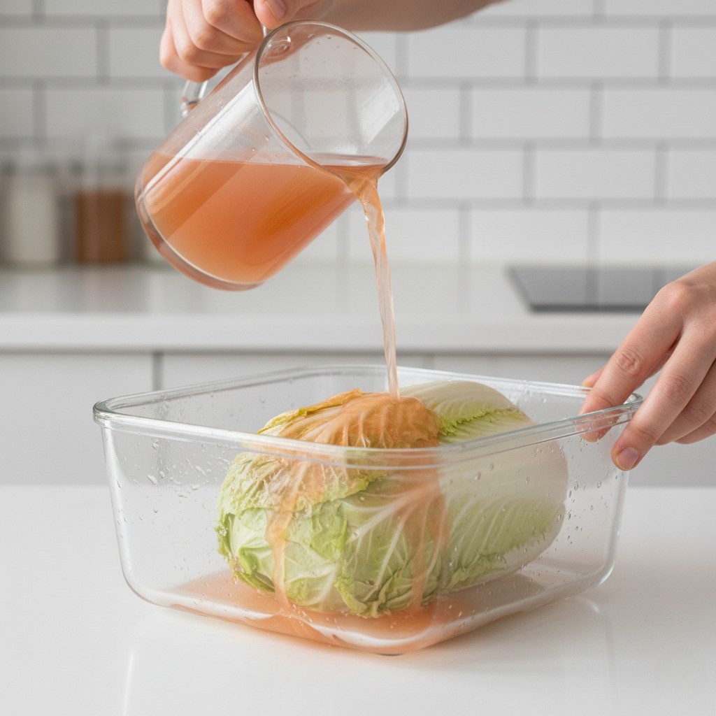 절임 배추에 소금물과 섞은 김칫소를 부어 물김치를 만드는 모습