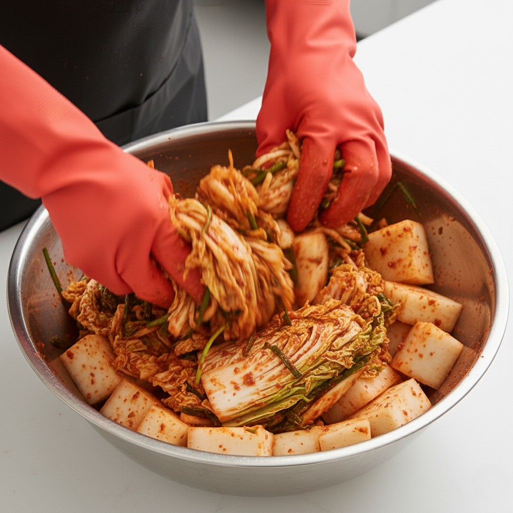 자른 배추와 무를 남은 김칫소에 버무리는 모습