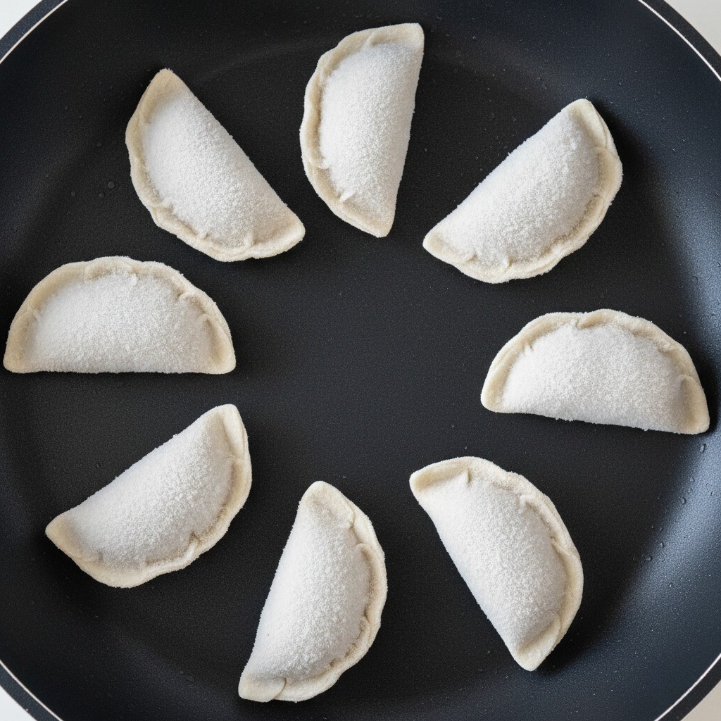 차가운 팬에 냉동만두를 올리는 모습