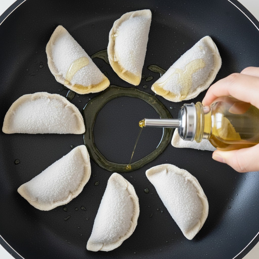 만두 위에 식용유를 두르는 모습