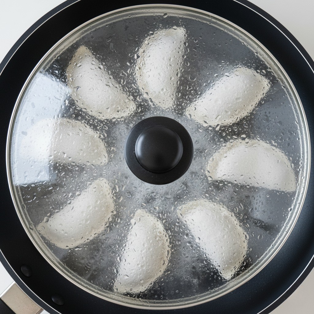 팬에 물을 붓고 뚜껑을 덮는 모습